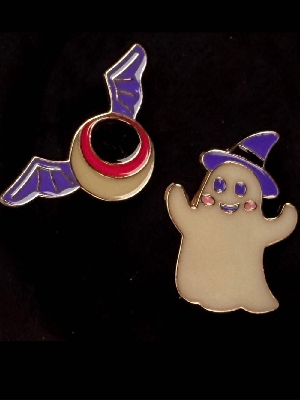 Festive holiday Halloween Ghost and bat eye set of two brooch pins